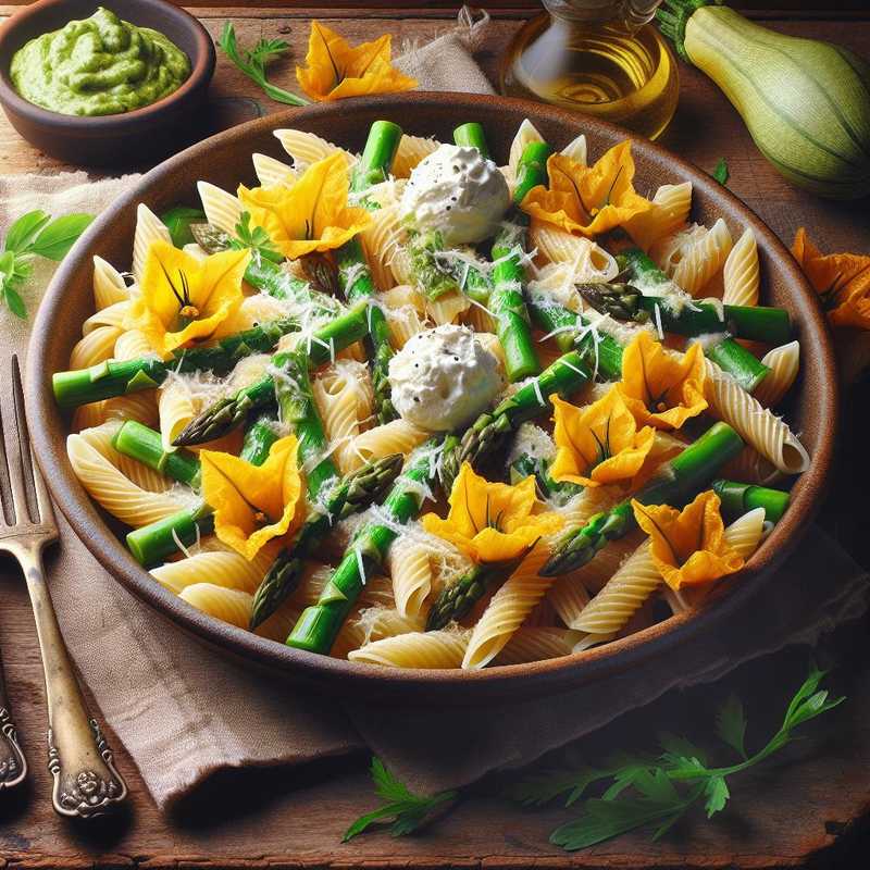 Pasta with Asparagus, Stracciatella, and Zucchini Flowers