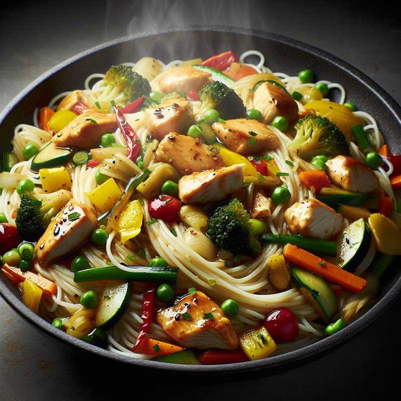 Rice Spaghetti with Vegetables and Caramelized Chicken