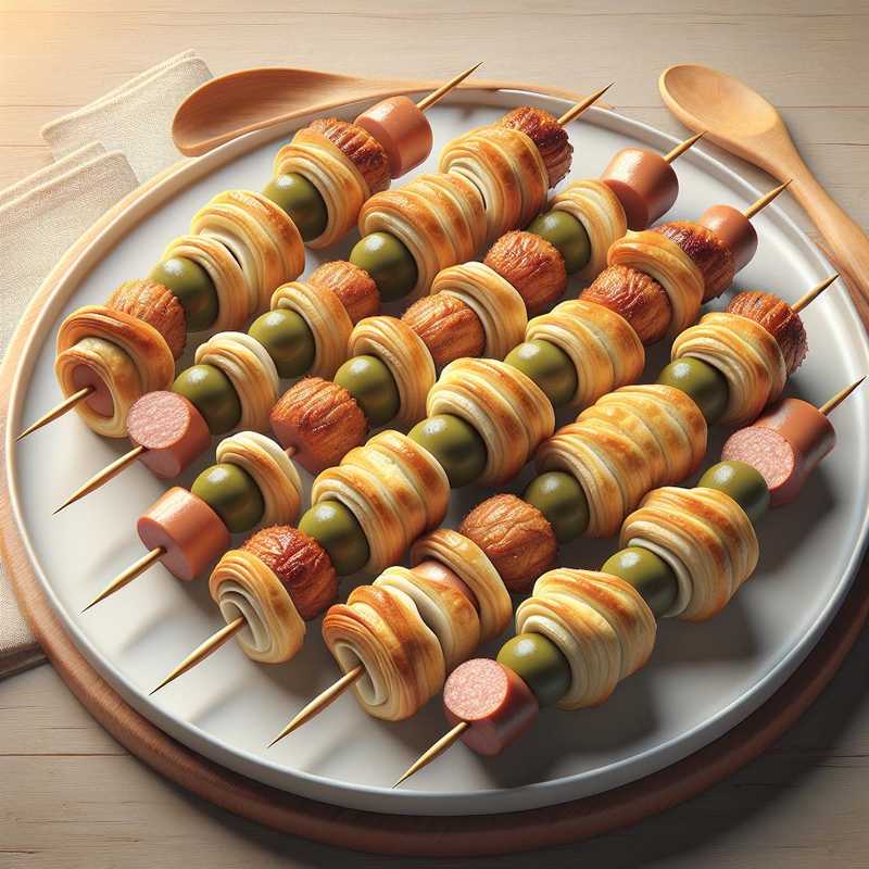 Puff pastry hot dogs and olive skewers