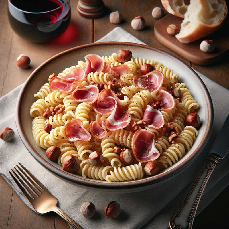 Pasta fredda con nocciole e speck