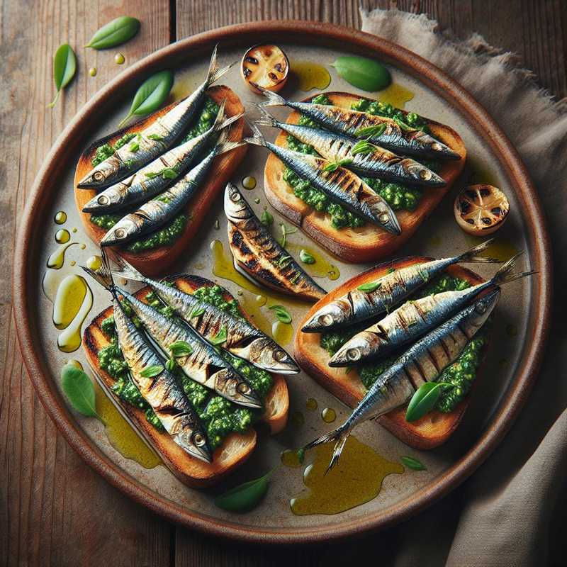 Bruschette al pesto di erbe e sardine grigliate