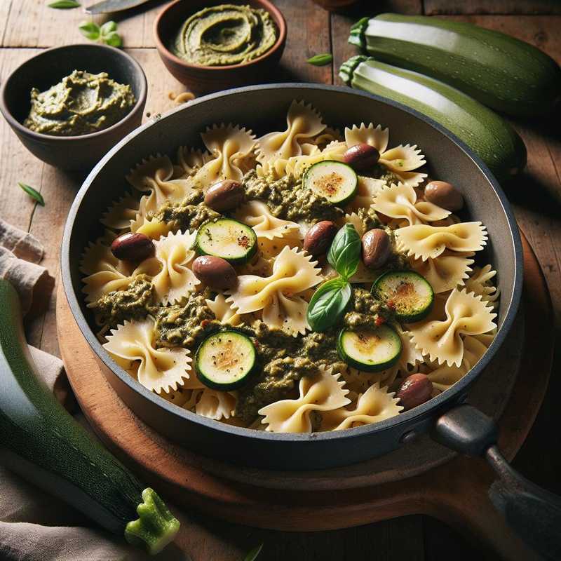 Farfalle al pesto, paté di olive e zucchine