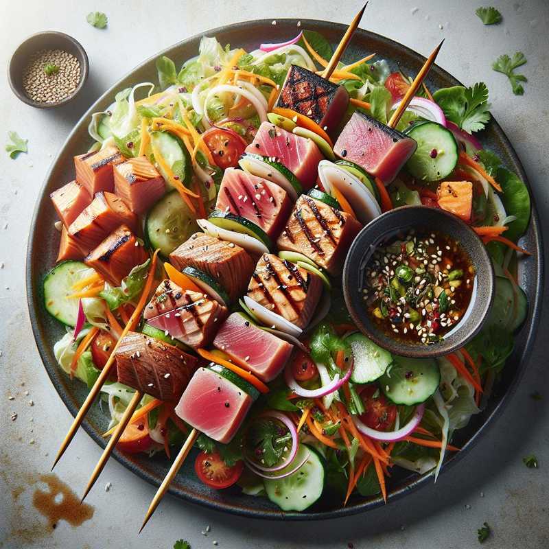 Tuna and Salmon Skewers with Thai Salad