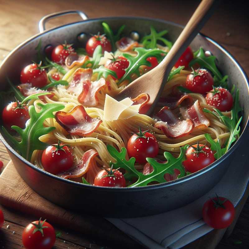 Pasta fredda con pancetta, pachino, rucola e scaglie di parmigiano