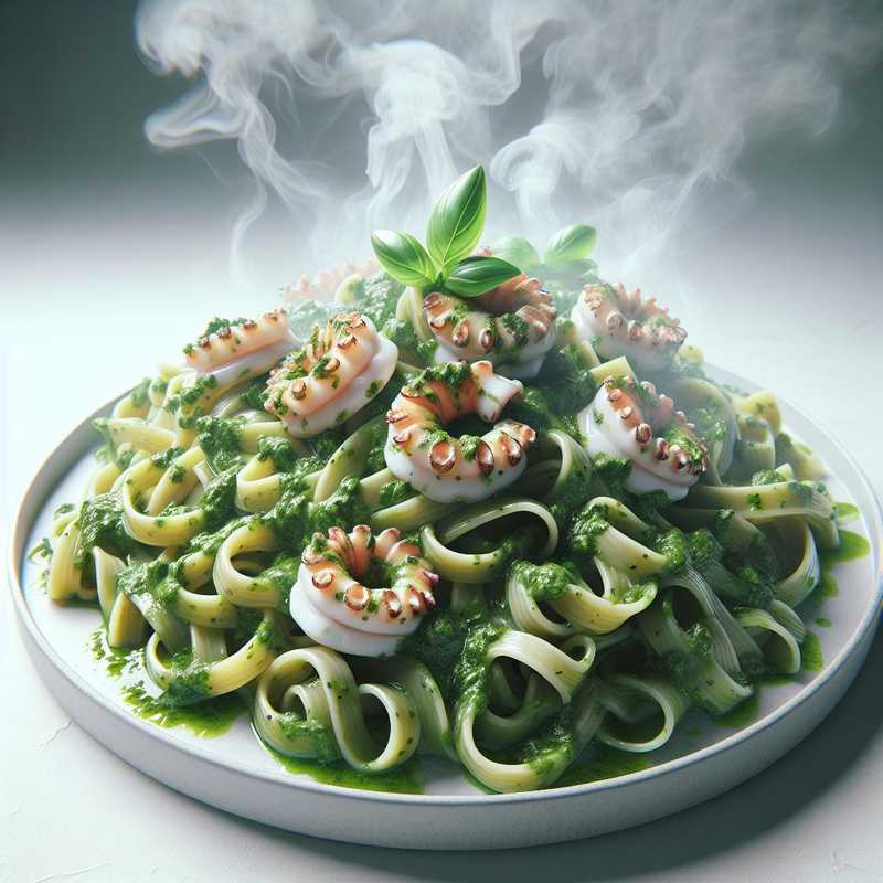 Pasta con pesto di lattuga e calamari