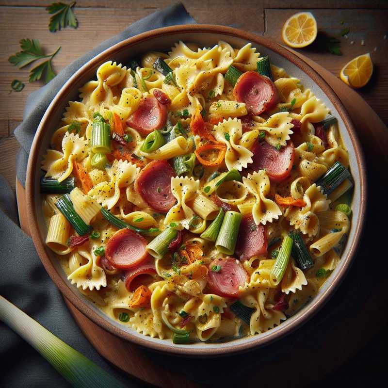 Creamy Farfalle with Speck, Leeks, and Saffron