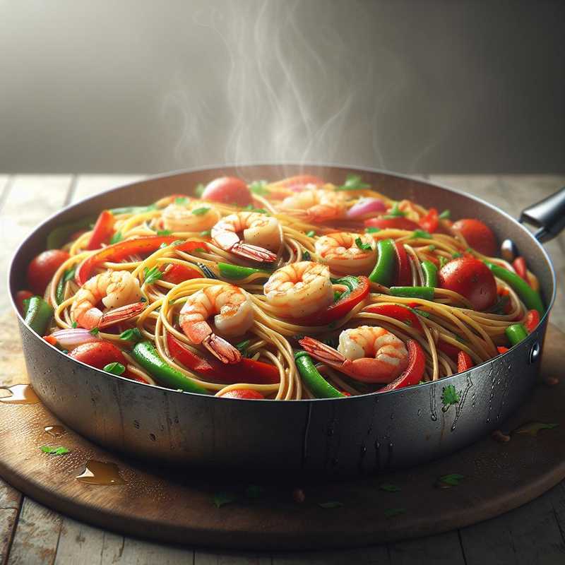 Soy Spaghetti with Vegetables and Shrimp