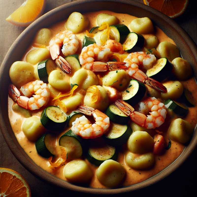 Gnocchi con scampi, zucchine e arancia