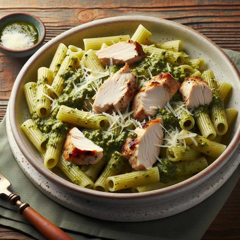 Mezzi rigatoni al pesto, petto di pollo e pecorino