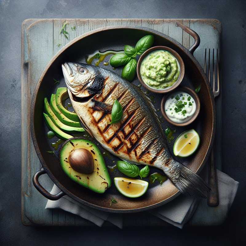 Pesce alla griglia con salsa di skyr e avocado