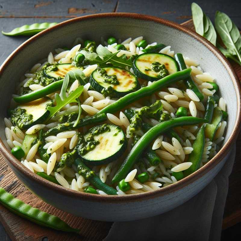 Insalata di orzo con pesto di rucola, fagiolini e zucchine