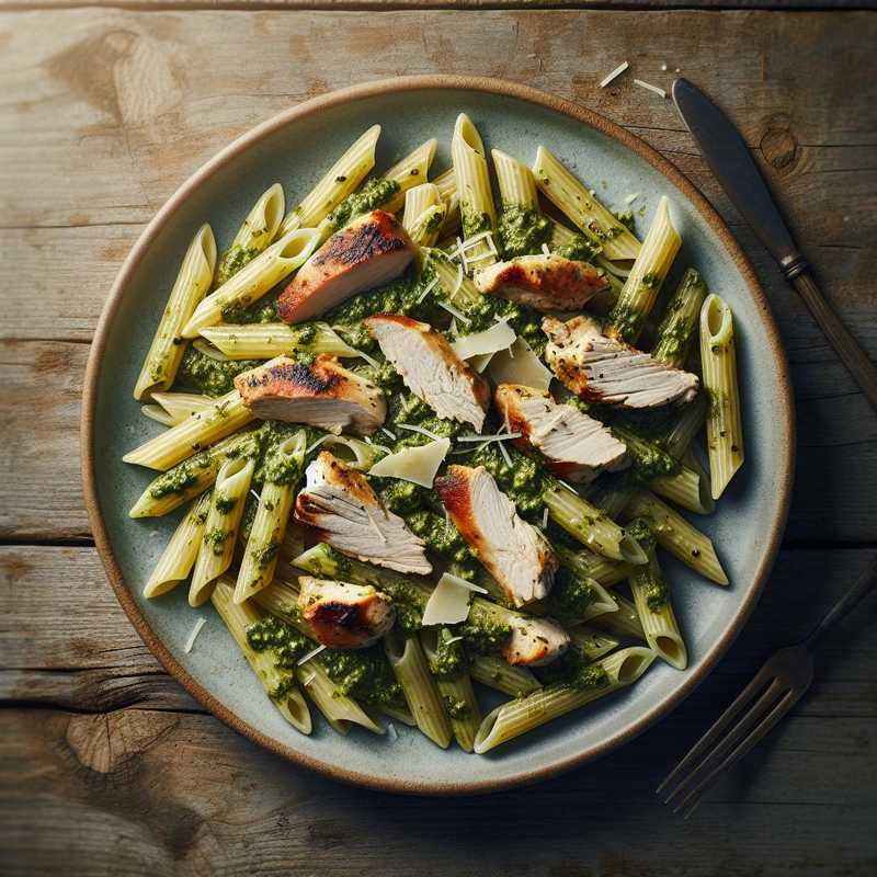 Penne con pesto e briciole di pollo