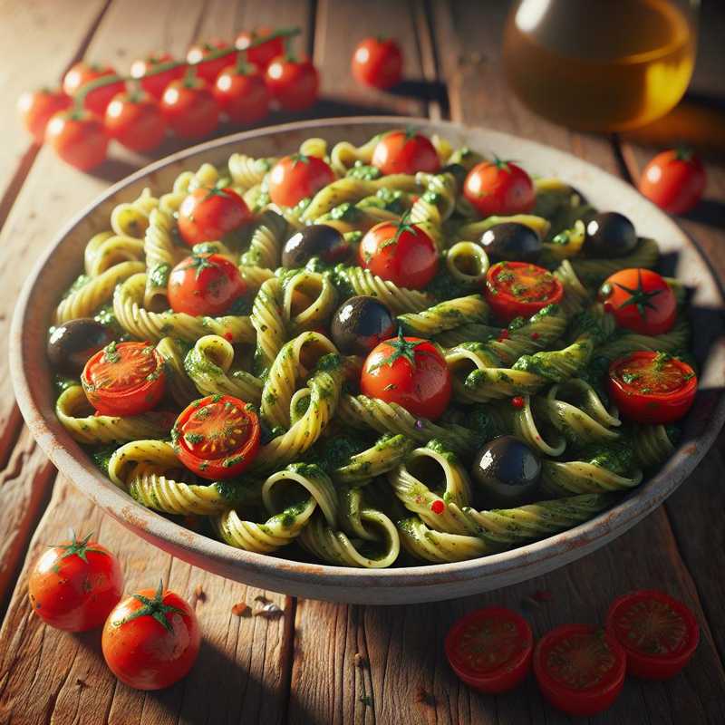 Pasta with Green Bean Pesto, Cherry Tomatoes, and Olives