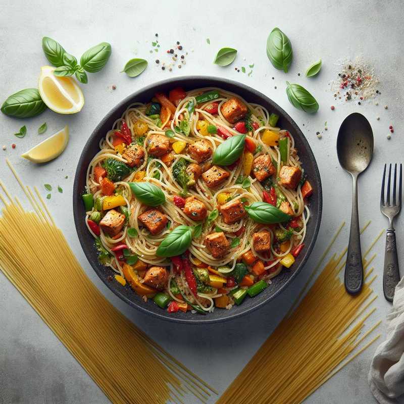 Spaghetti di riso con carne e verdure