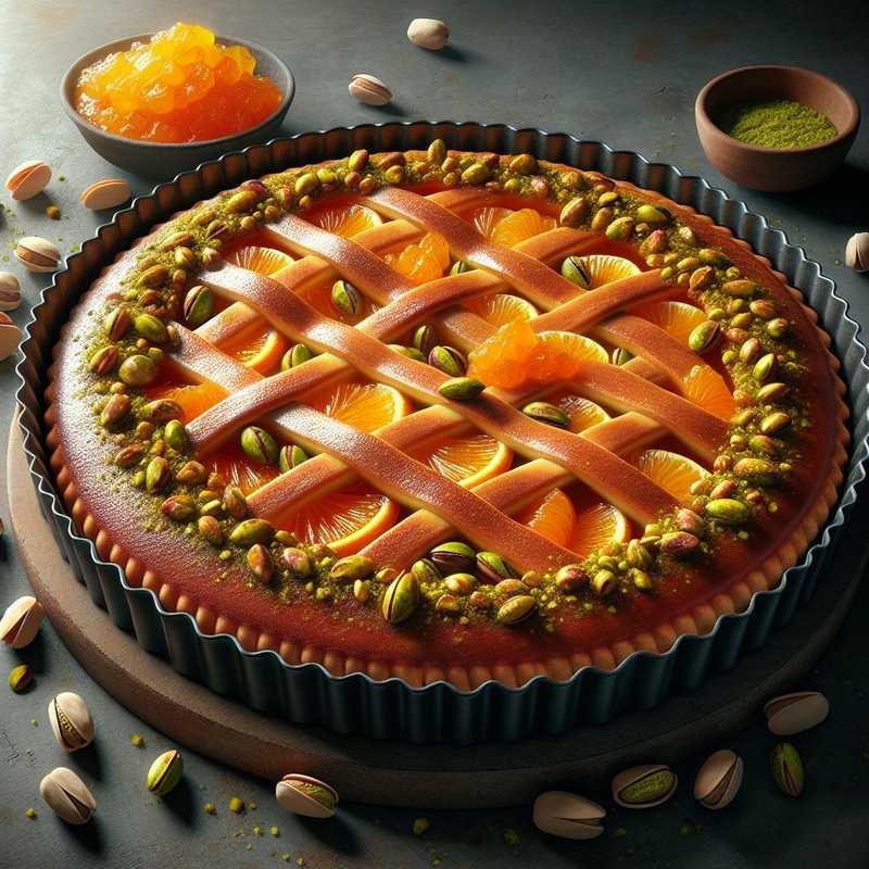 Crostata ai pistacchi e arancia con confettura di albicocche