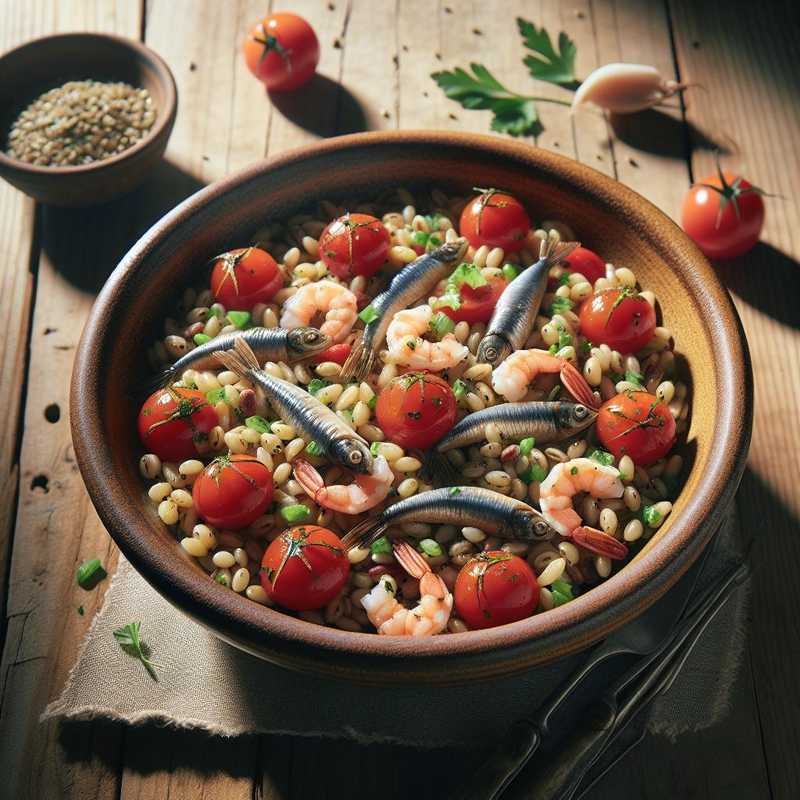 Barley salad with anchovies, shrimp, and cherry tomatoes