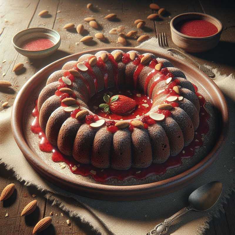 Donut with Cocoa and Almonds with Red Fruit Sauce