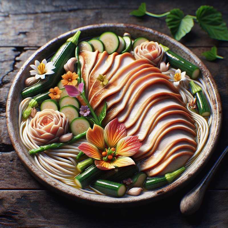 Straccetti di tacchino al vino bianco con zucchine mignon e fiori