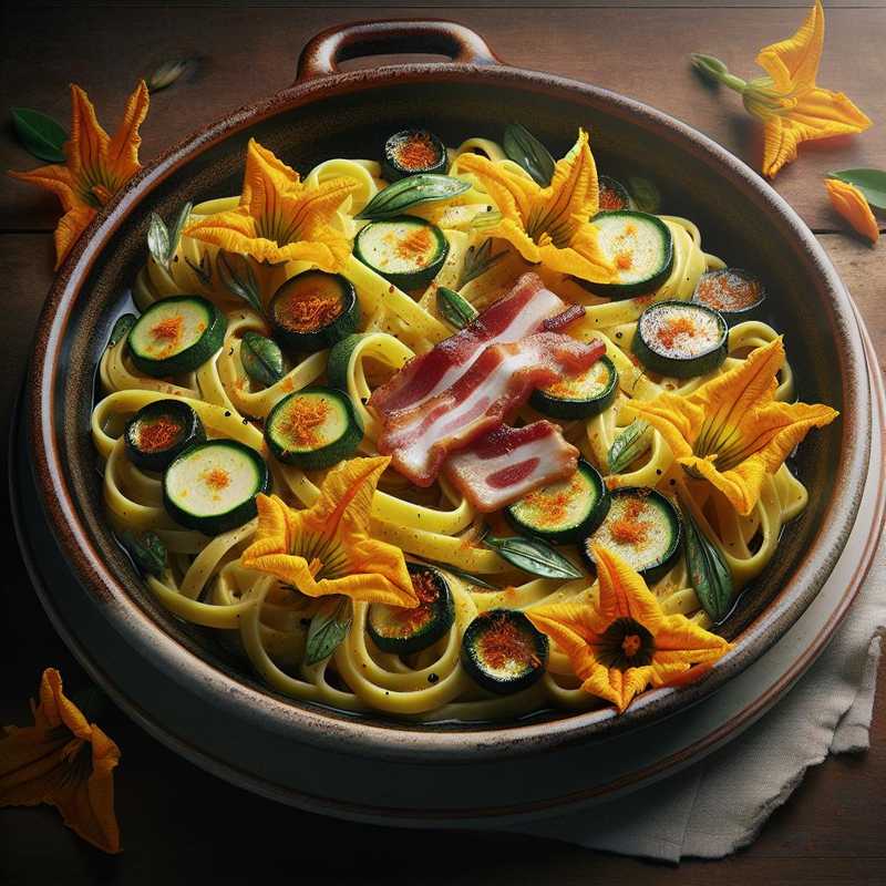 Bucatini with squash blossoms, guanciale, and saffron