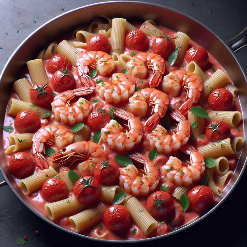 Troccoli in pink sauce with Pachino cherry tomatoes and prawns