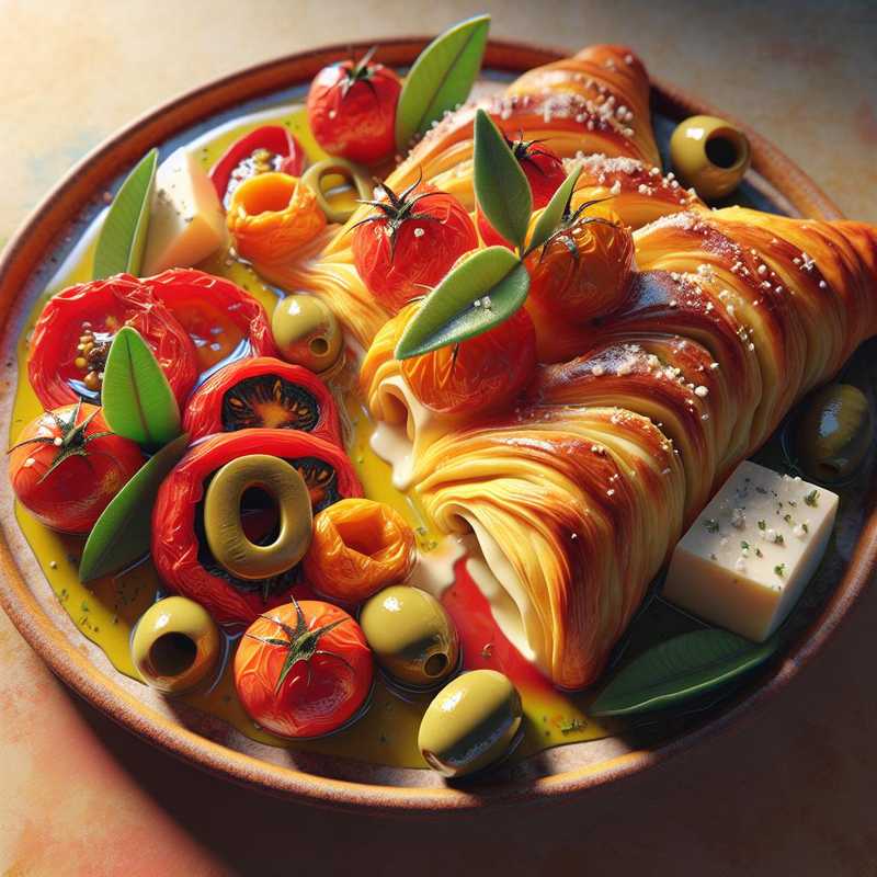 Puff pastries with cherry tomatoes, olives, and cheese