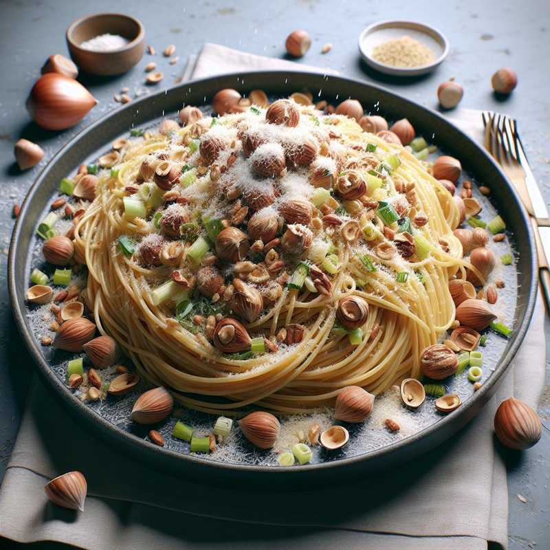 Spaghetti with leeks, hazelnuts and Parmesan