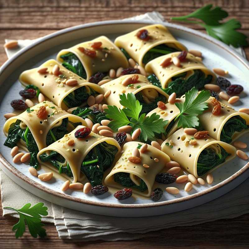 Pastry Sheets Stuffed with Chard, Pine Nuts, and Raisins