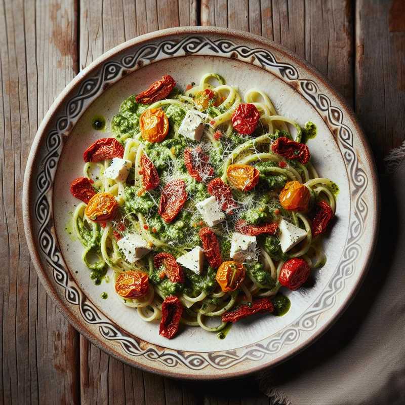 Pasta con pesto di zucchine, ricotta e pomodori secchi