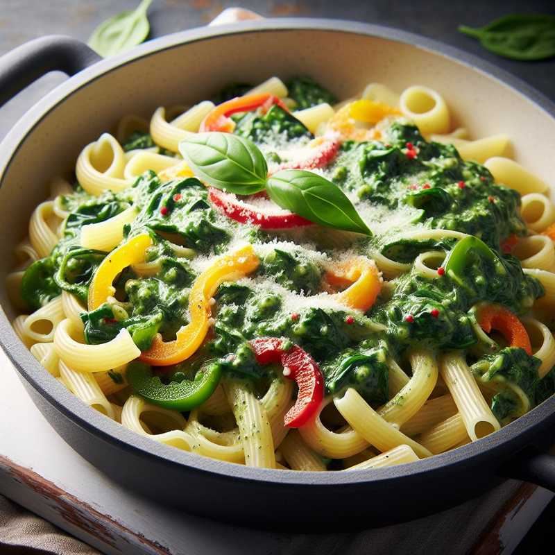 Pasta con pesto di spinacino e peperoni