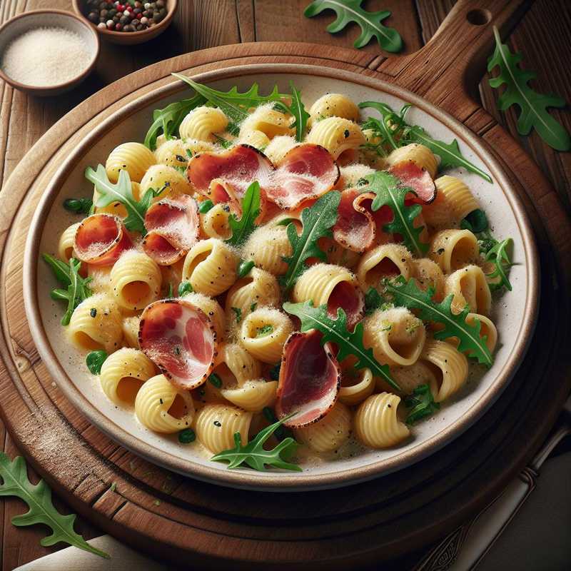 Cavatelli with speck, potato cream, and arugula