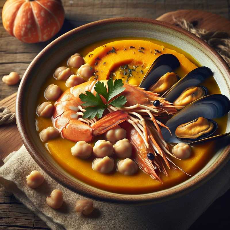 Zuppa di zucca, ceci, gamberoni e cozze