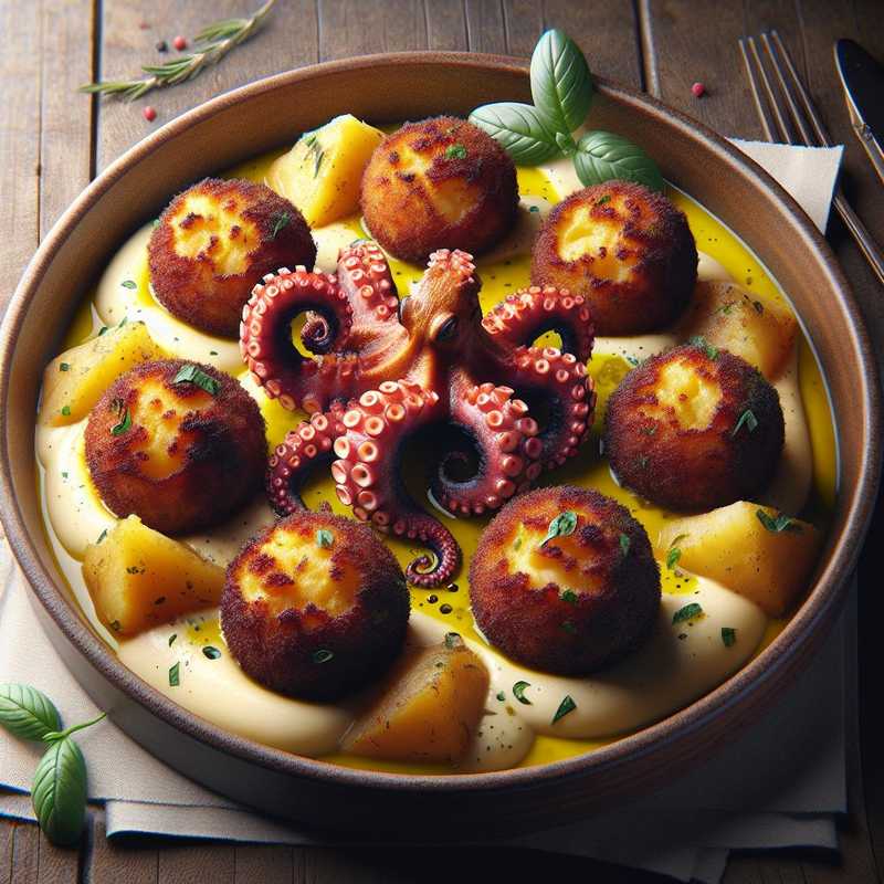 Octopus Croquettes on Saffron Potato Cream