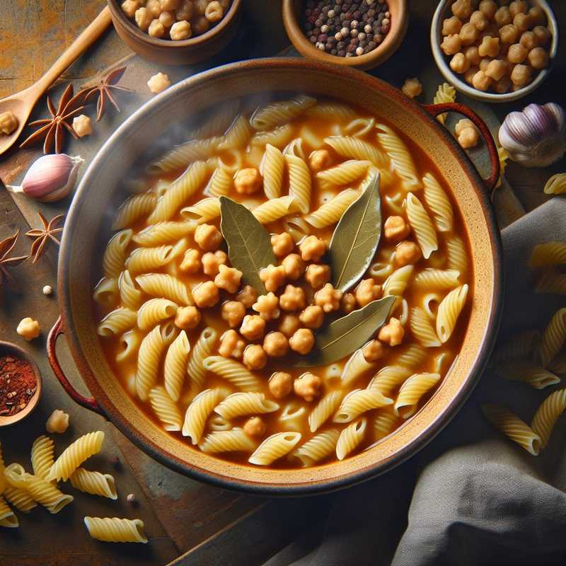 Pasta in zuppa di ceci, alloro e aglio rosso